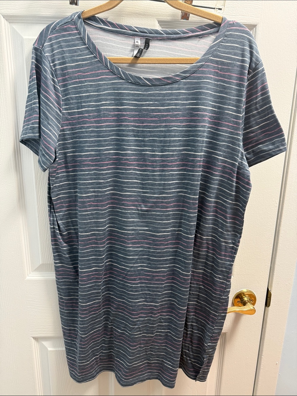 Striped Short-Sleeve Nightshirt in Heather Gray with Pink Accents